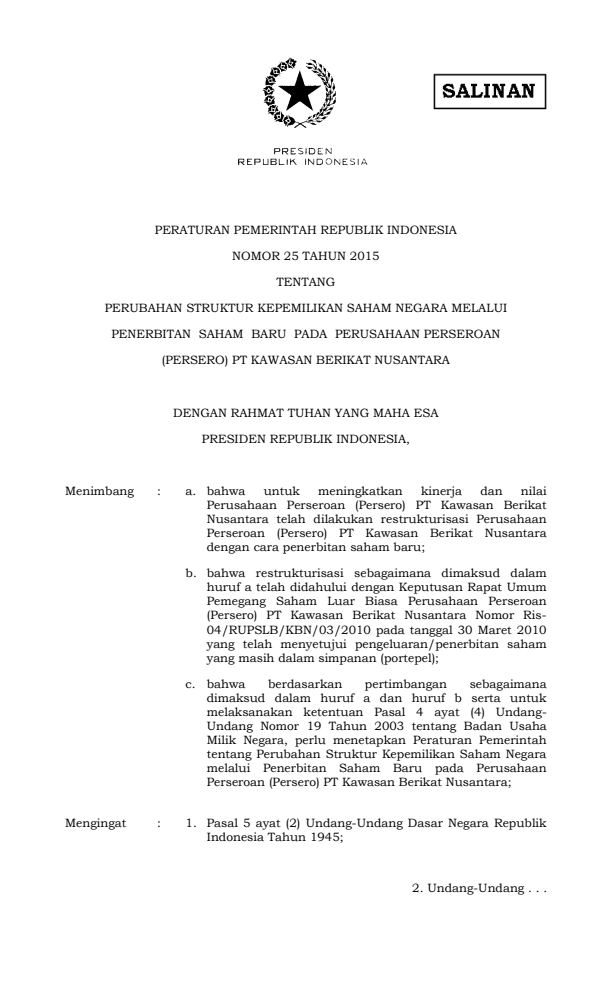 Peraturan Pemerintah Nomor 25 Tahun 2015