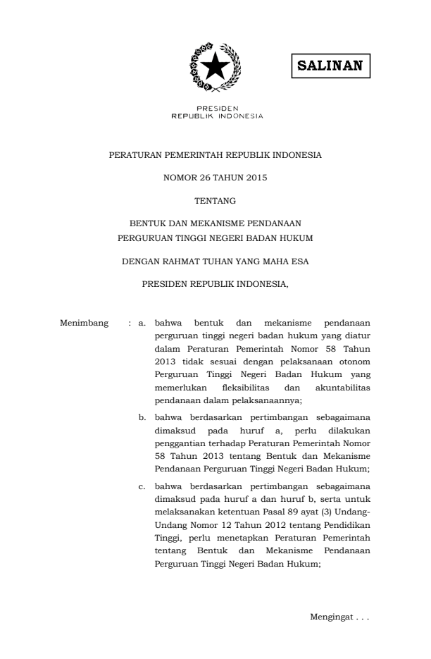 Peraturan Pemerintah Nomor 26 Tahun 2015