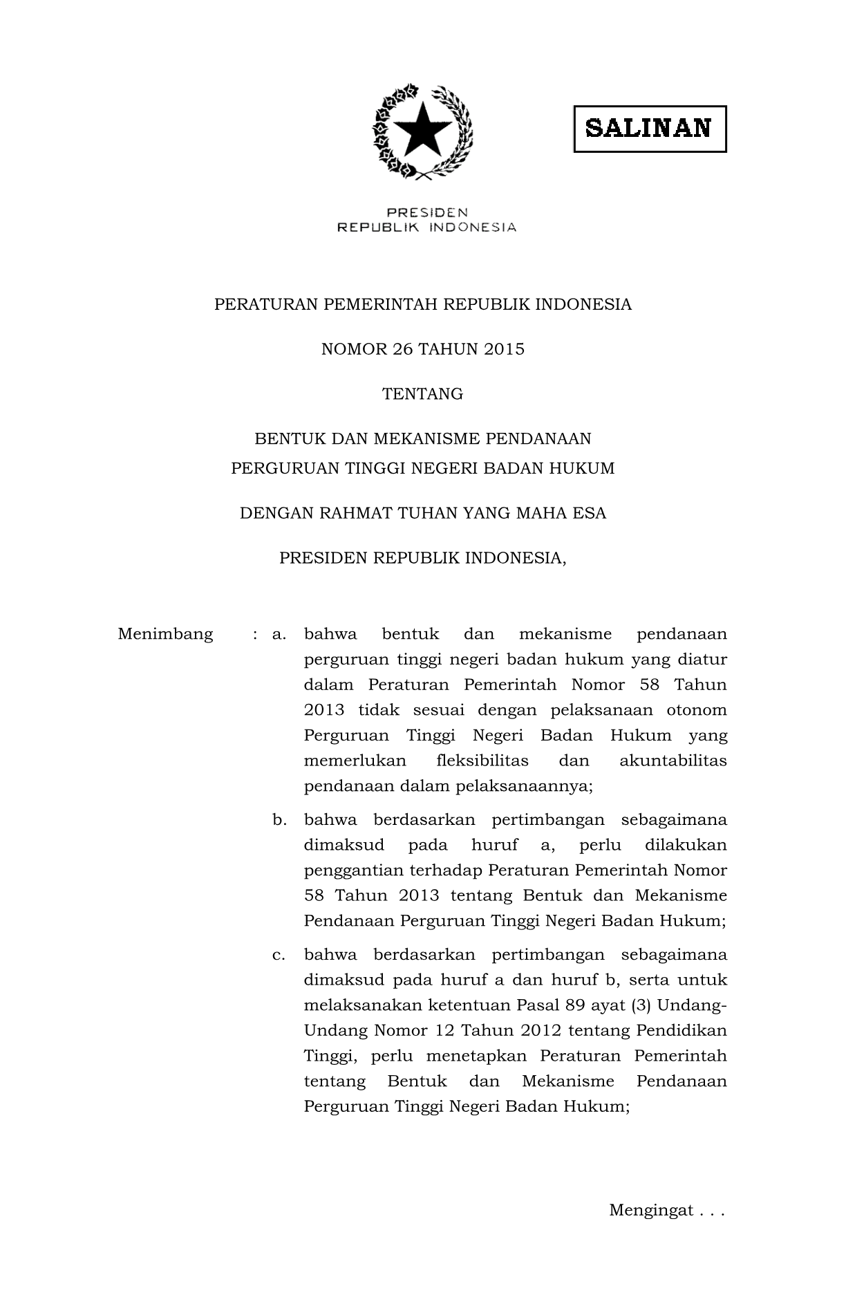 Peraturan Pemerintah Nomor 26 Tahun 2015
