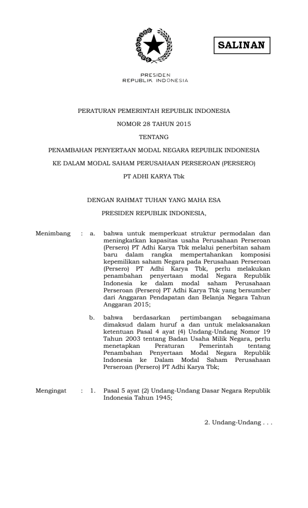 Peraturan Pemerintah Nomor 28 Tahun 2015