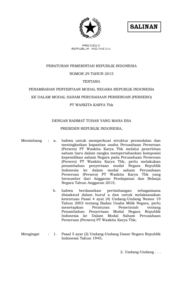 Peraturan Pemerintah Nomor 29 Tahun 2015