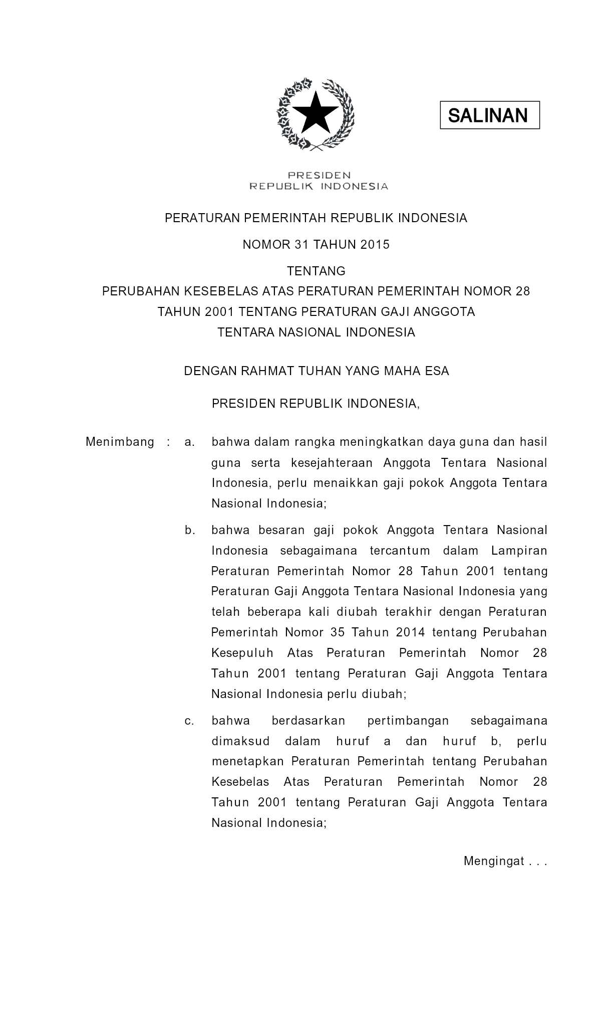 Peraturan Pemerintah Nomor 31 Tahun 2015