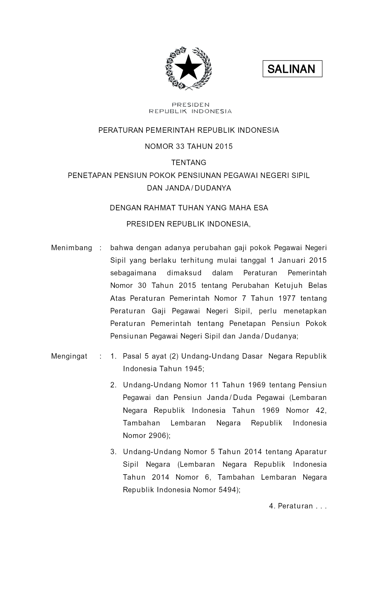 Peraturan Pemerintah Nomor 33 Tahun 2015