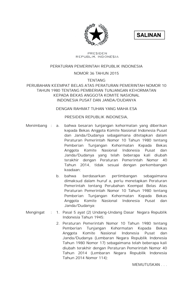 Peraturan Pemerintah Nomor 36 Tahun 2015