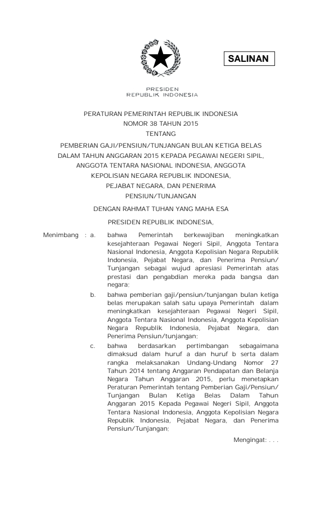 Peraturan Pemerintah Nomor 38 Tahun 2015