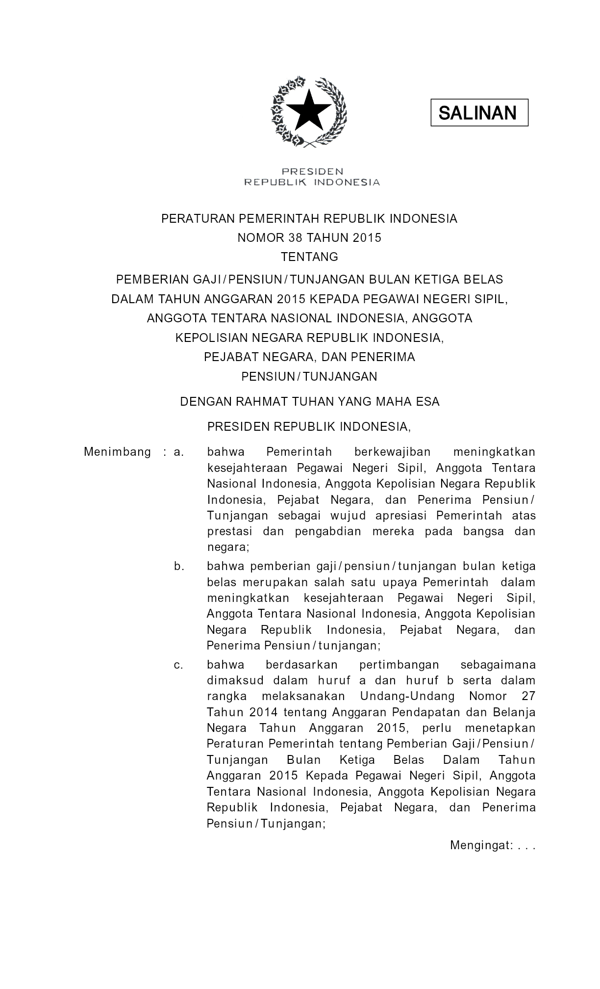 Peraturan Pemerintah Nomor 38 Tahun 2015