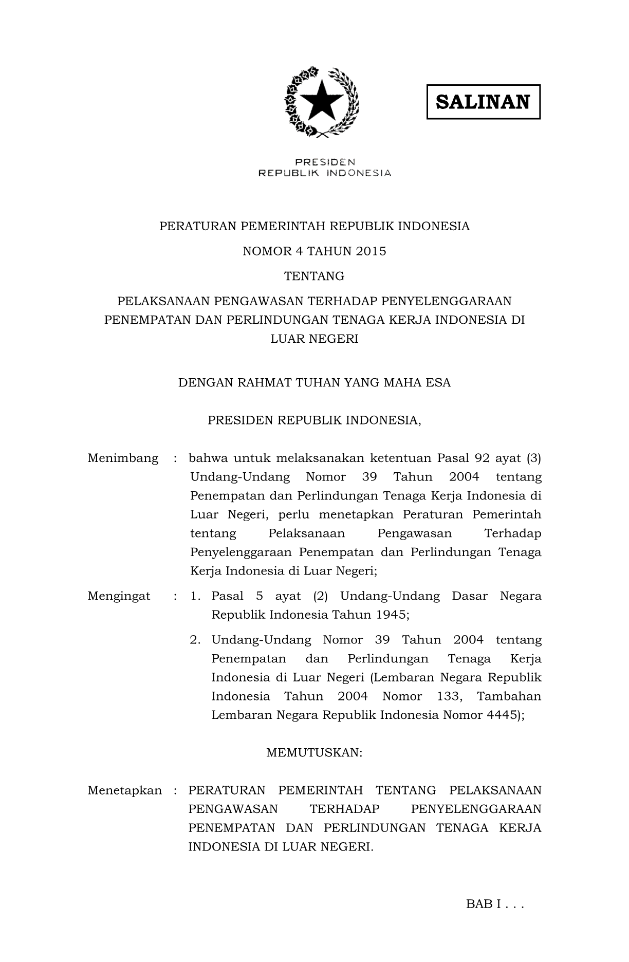Peraturan Pemerintah Nomor 4 Tahun 2015