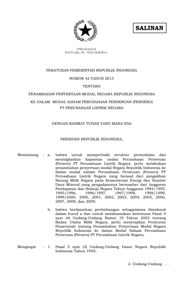 Peraturan Pemerintah Nomor 42 Tahun 2015