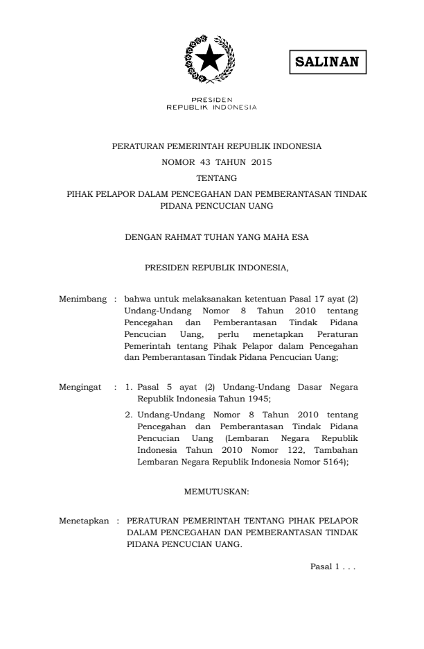 Peraturan Pemerintah Nomor 43 Tahun 2015