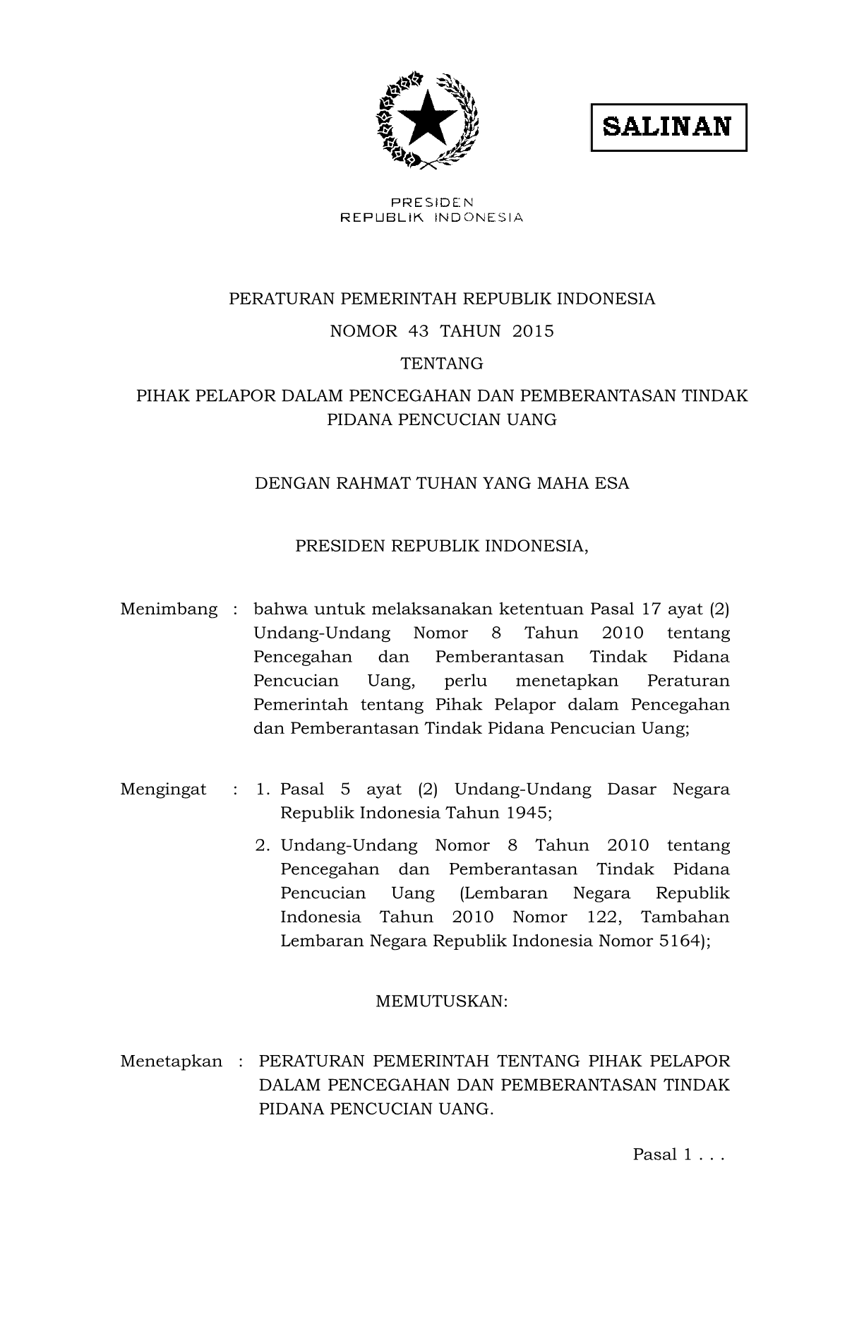 Peraturan Pemerintah Nomor 43 Tahun 2015