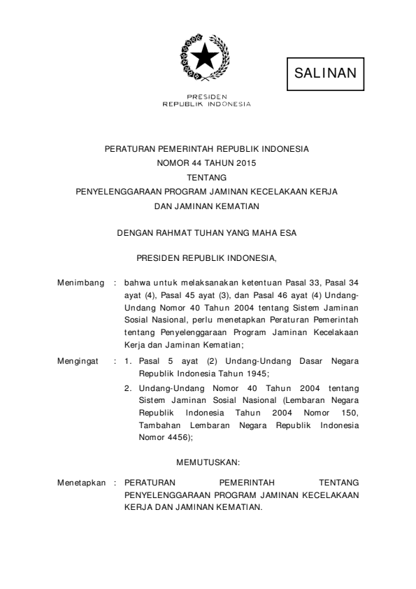 Peraturan Pemerintah Nomor 44 Tahun 2015