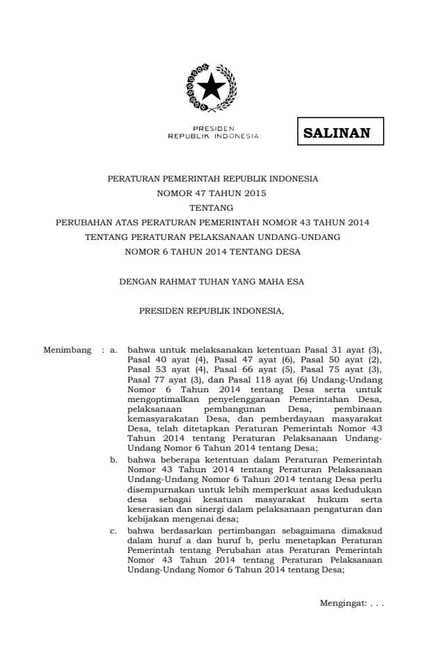 Peraturan Pemerintah Nomor 47 Tahun 2015