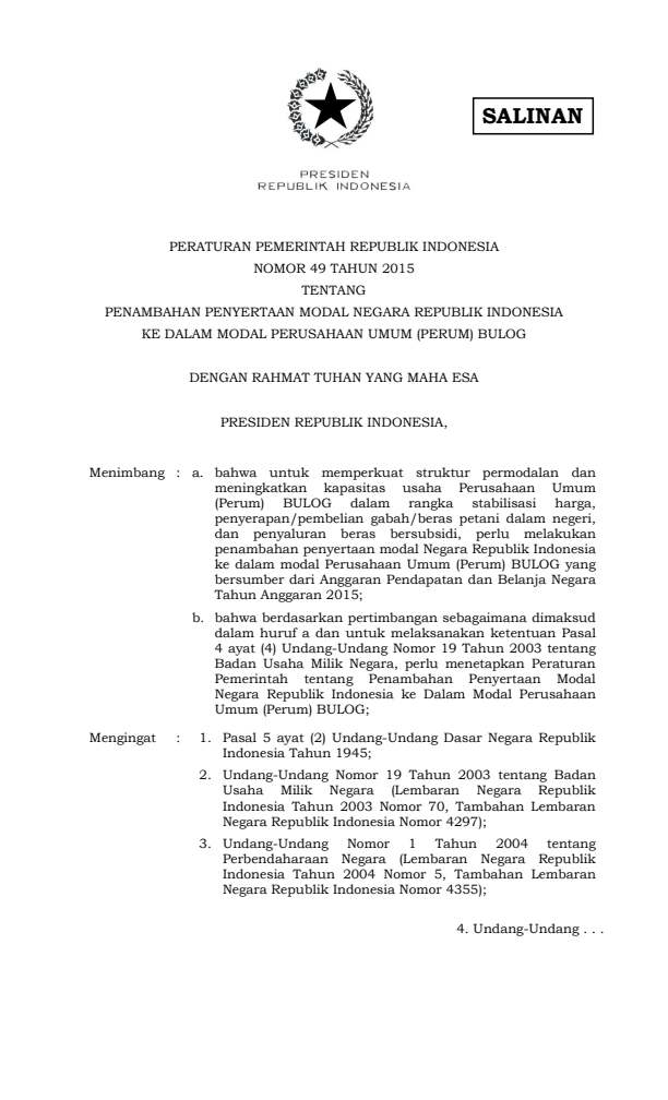 Peraturan Pemerintah Nomor 49 Tahun 2015