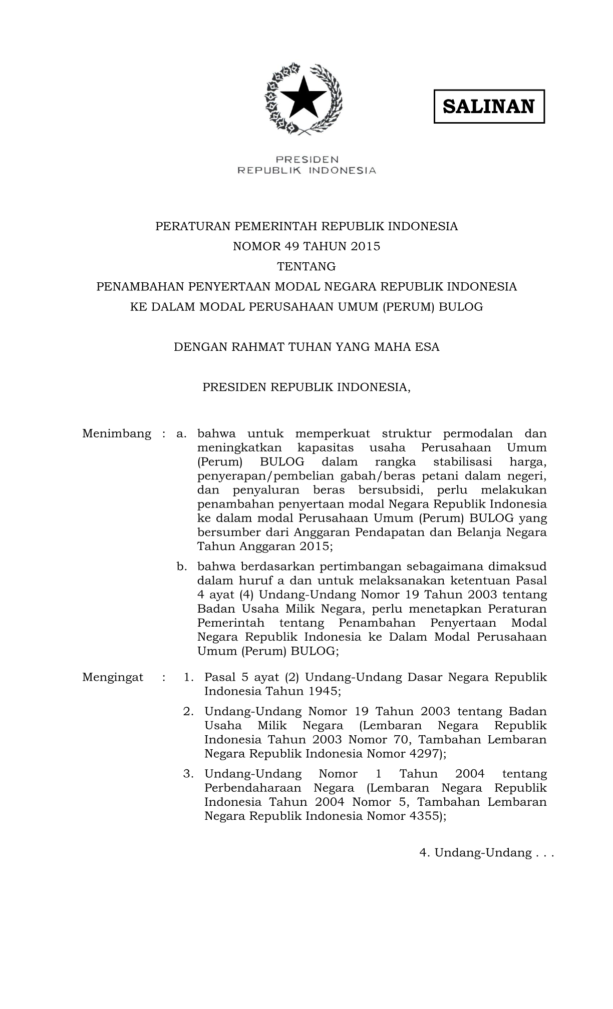 Peraturan Pemerintah Nomor 49 Tahun 2015