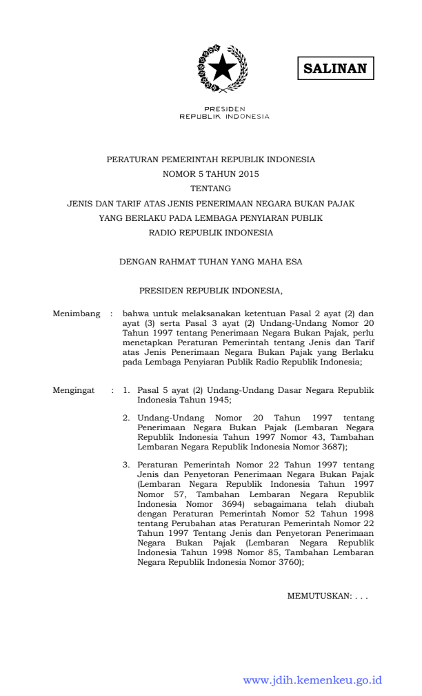 Peraturan Pemerintah Nomor 5 Tahun 2015