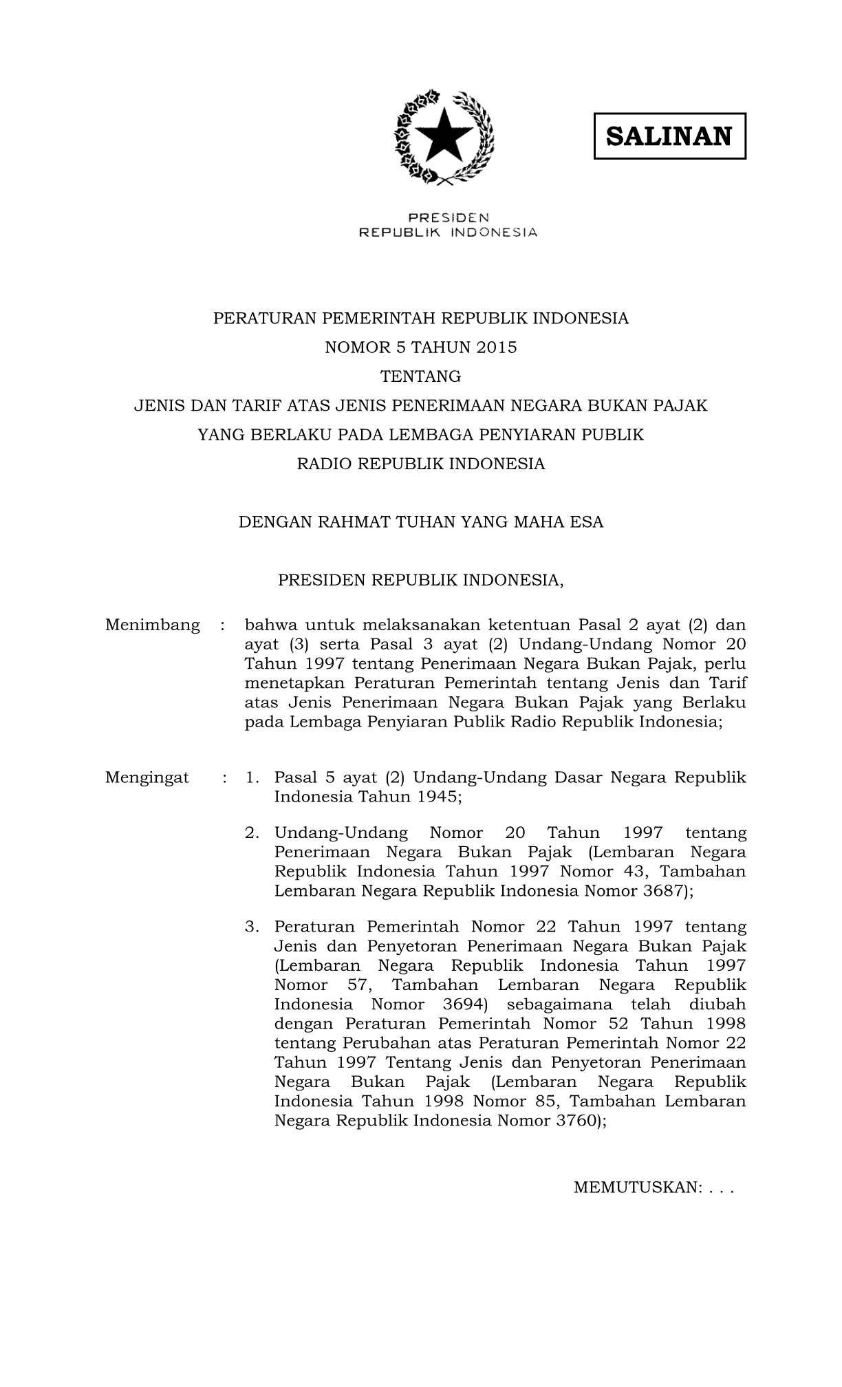 Peraturan Pemerintah Nomor 5 Tahun 2015