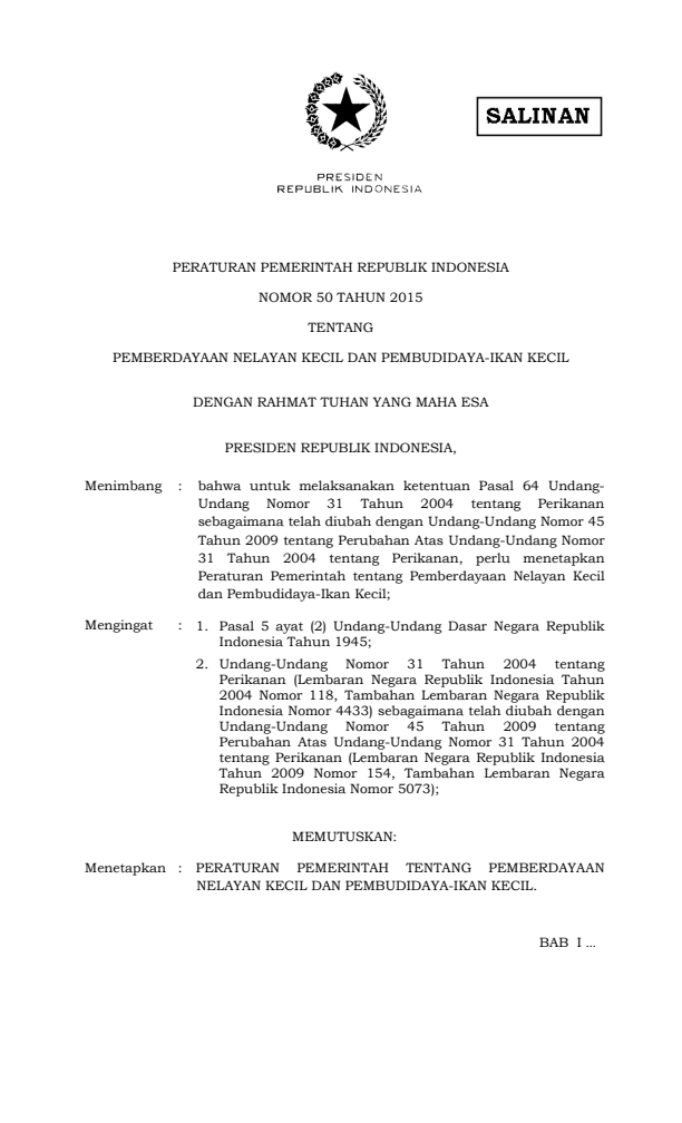 Peraturan Pemerintah Nomor 50 Tahun 2015