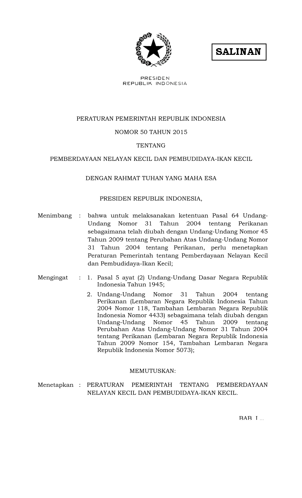 Peraturan Pemerintah Nomor 50 Tahun 2015