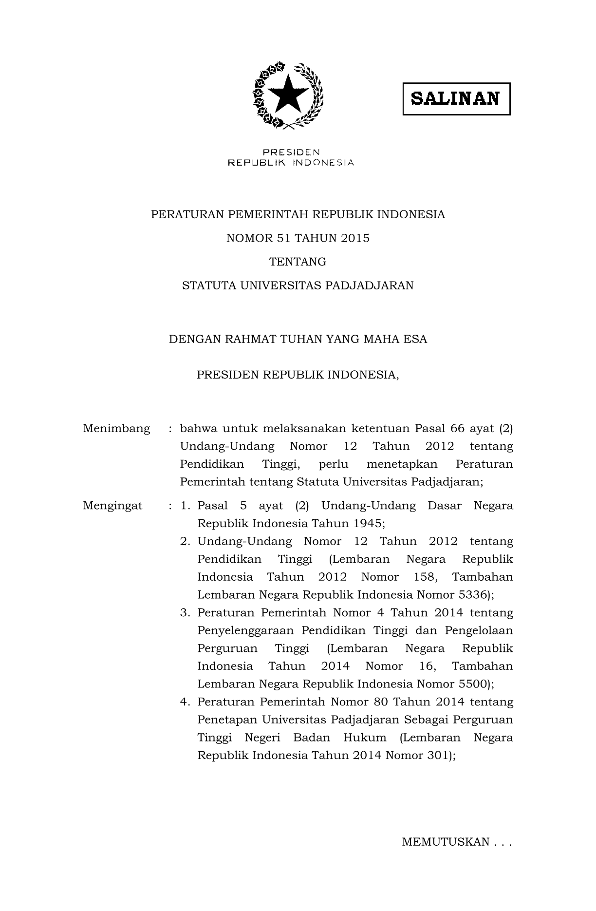 Peraturan Pemerintah Nomor 51 Tahun 2015