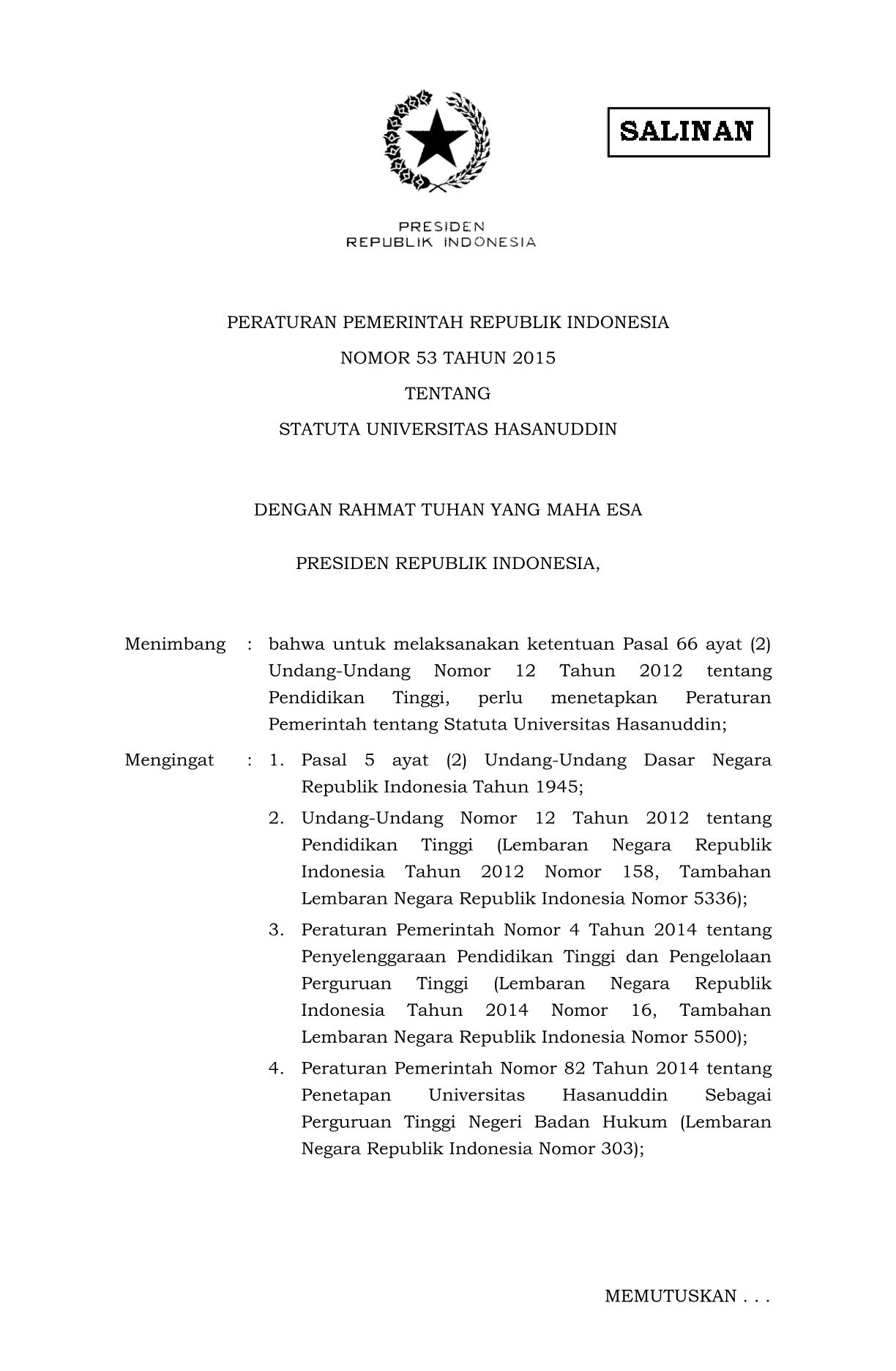 Peraturan Pemerintah Nomor 53 Tahun 2015