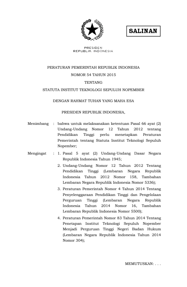 Peraturan Pemerintah Nomor 54 Tahun 2015