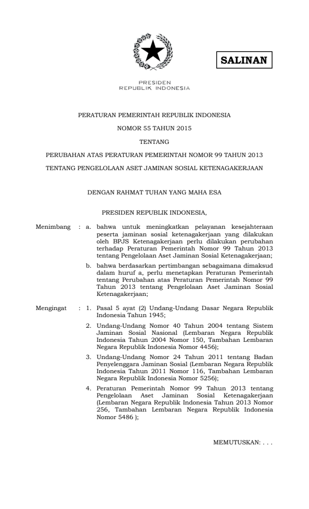 Peraturan Pemerintah Nomor 55 Tahun 2015