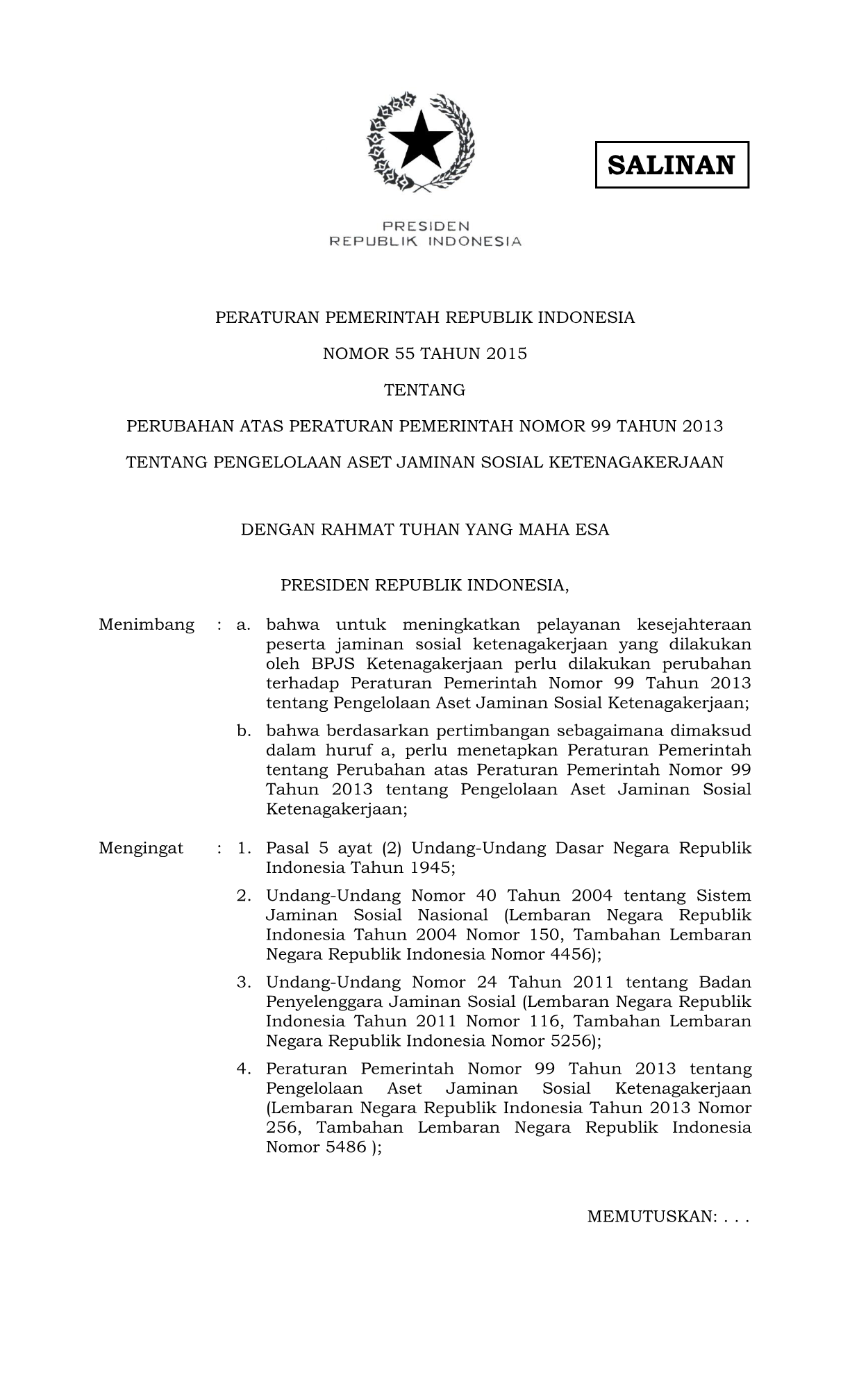Peraturan Pemerintah Nomor 55 Tahun 2015