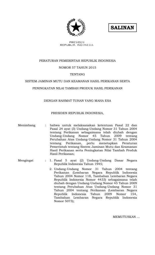 Peraturan Pemerintah Nomor 57 Tahun 2015