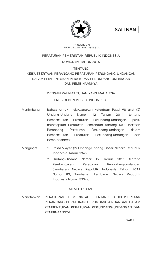 Peraturan Pemerintah Nomor 59 Tahun 2015