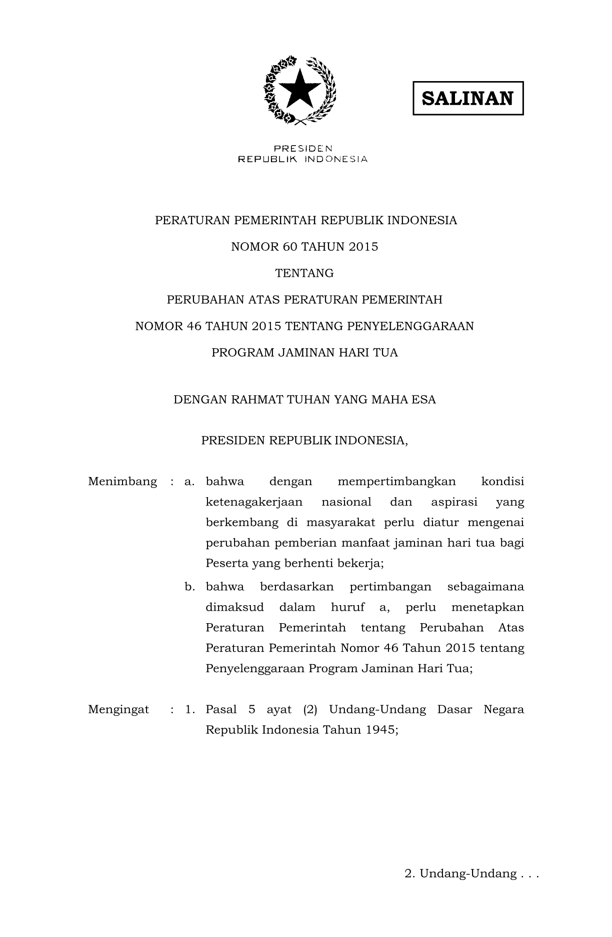 Peraturan Pemerintah Nomor 60 Tahun 2015