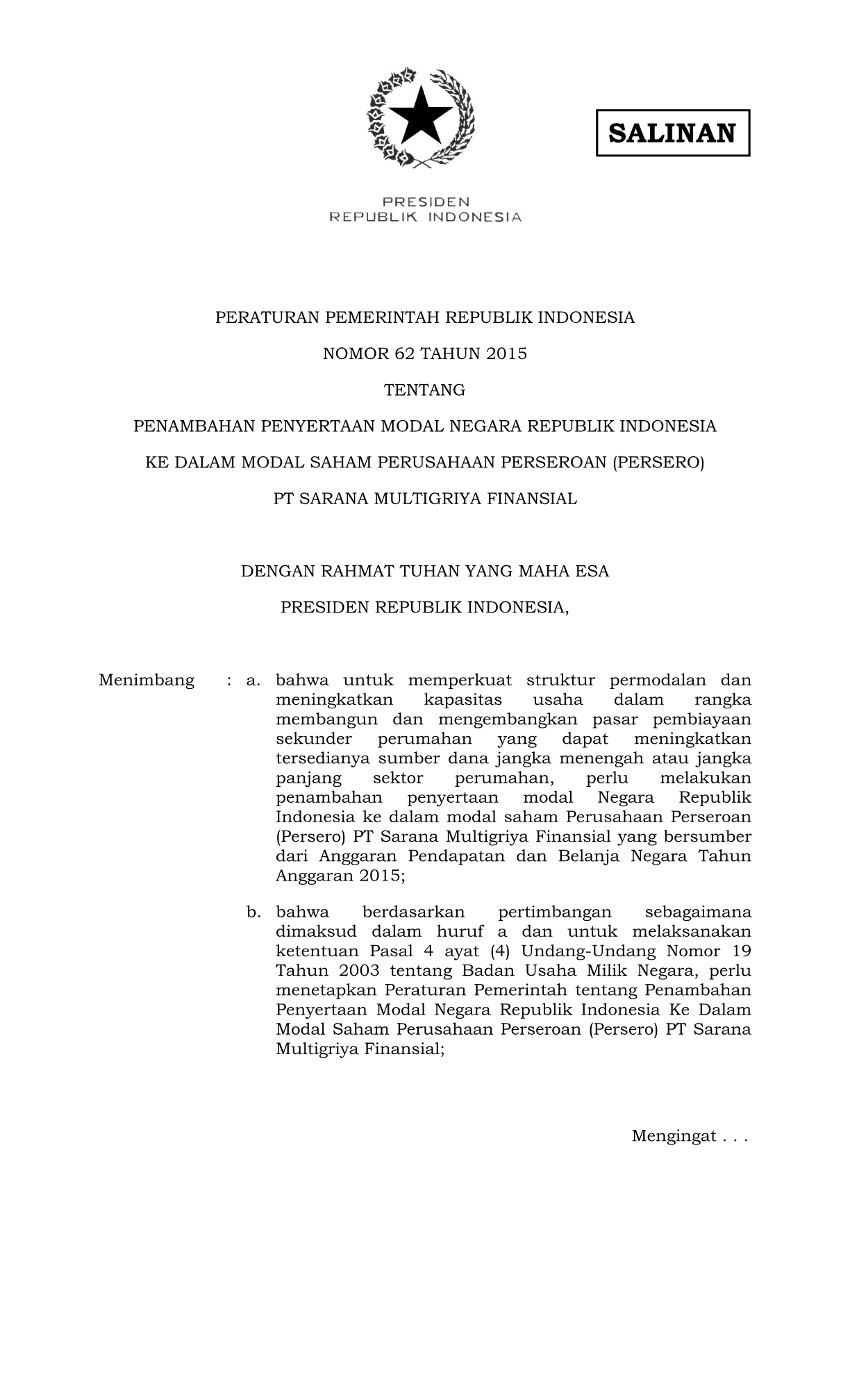 Peraturan Pemerintah Nomor 62 Tahun 2015
