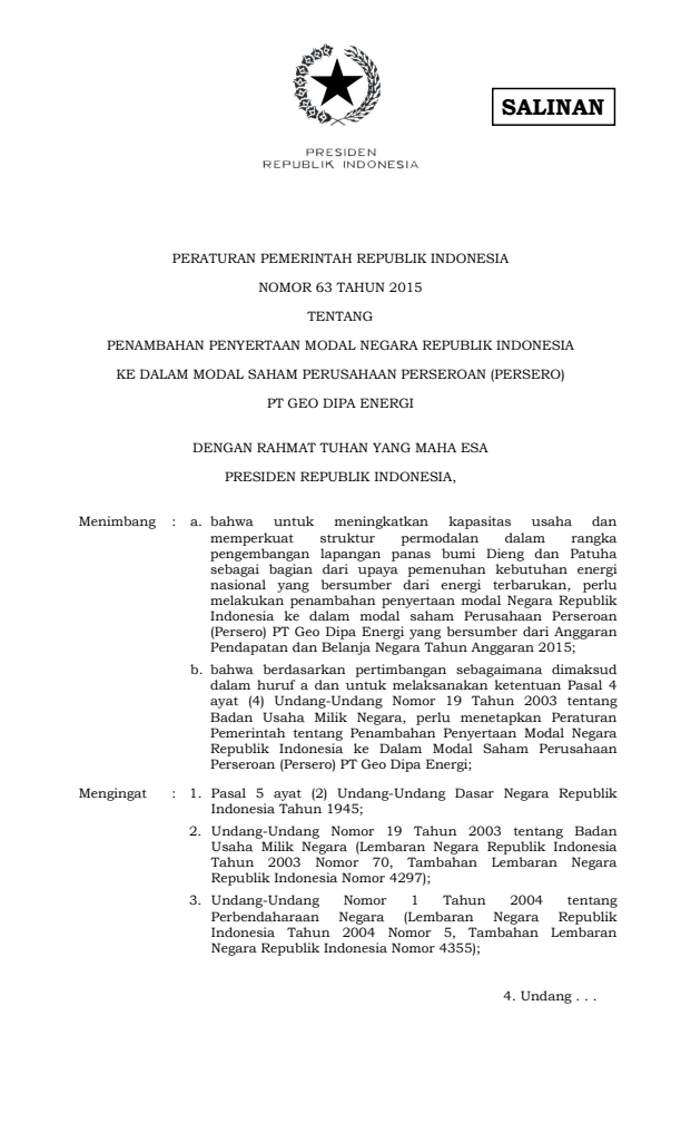 Peraturan Pemerintah Nomor 63 Tahun 2015