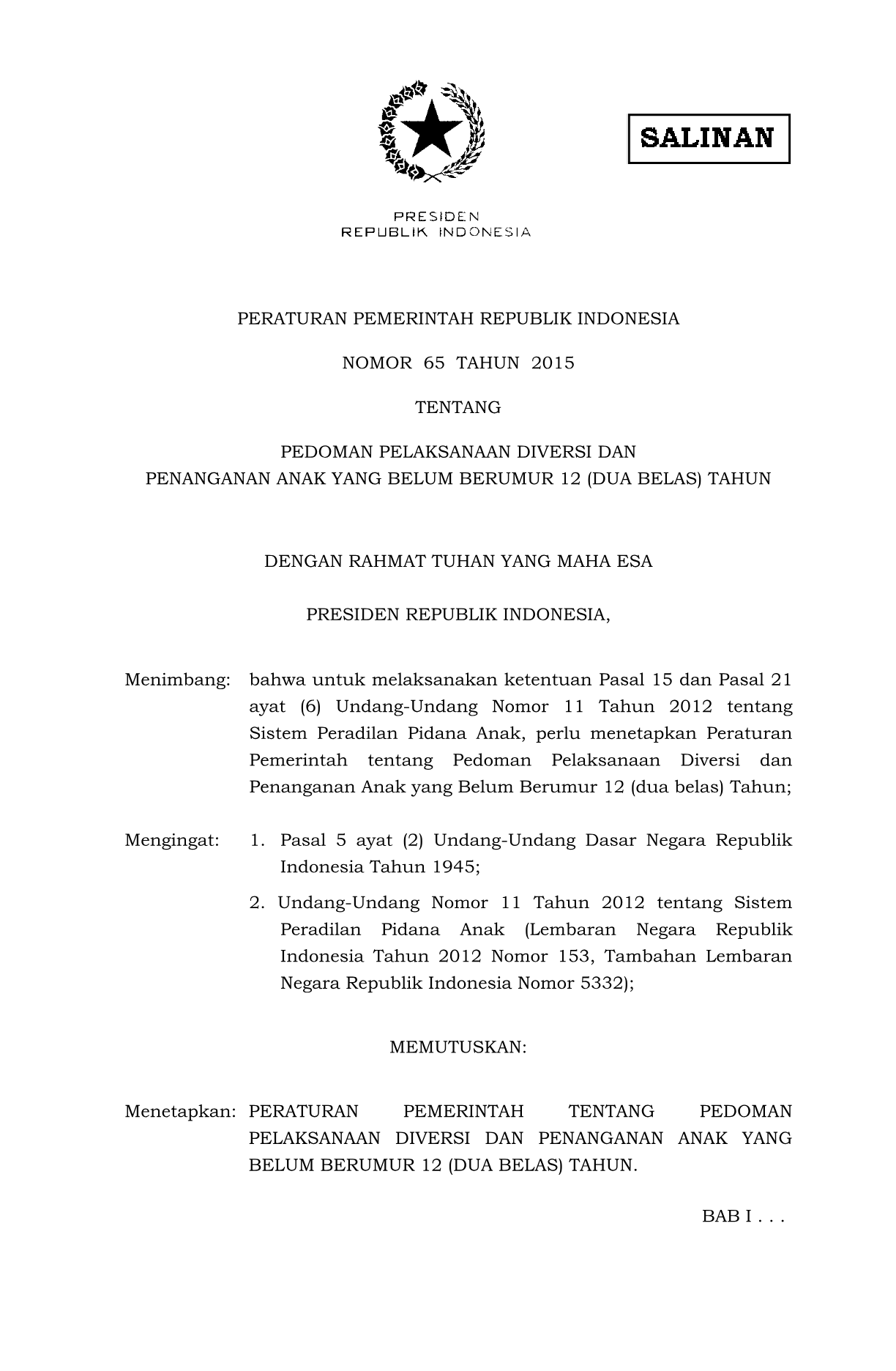 Peraturan Pemerintah Nomor 65 Tahun 2015