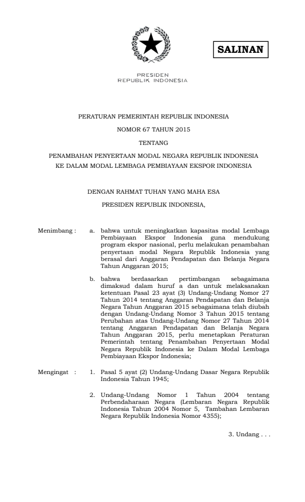 Peraturan Pemerintah Nomor 67 Tahun 2015