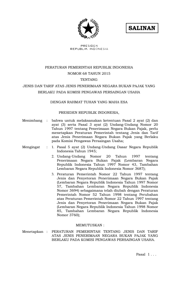 Peraturan Pemerintah Nomor 68 Tahun 2015