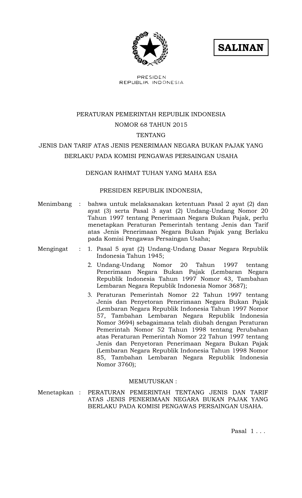 Peraturan Pemerintah Nomor 68 Tahun 2015