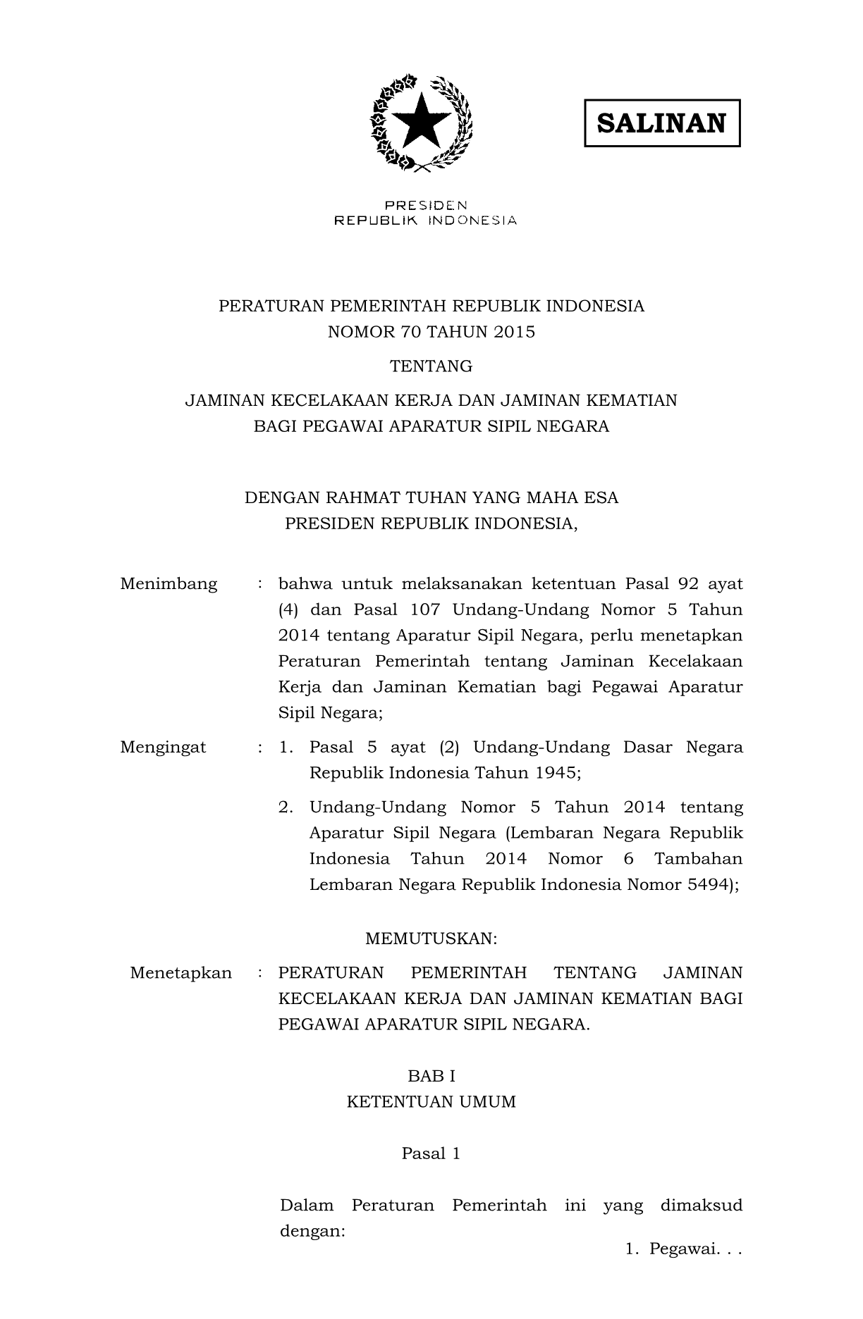 Peraturan Pemerintah Nomor 70 Tahun 2015