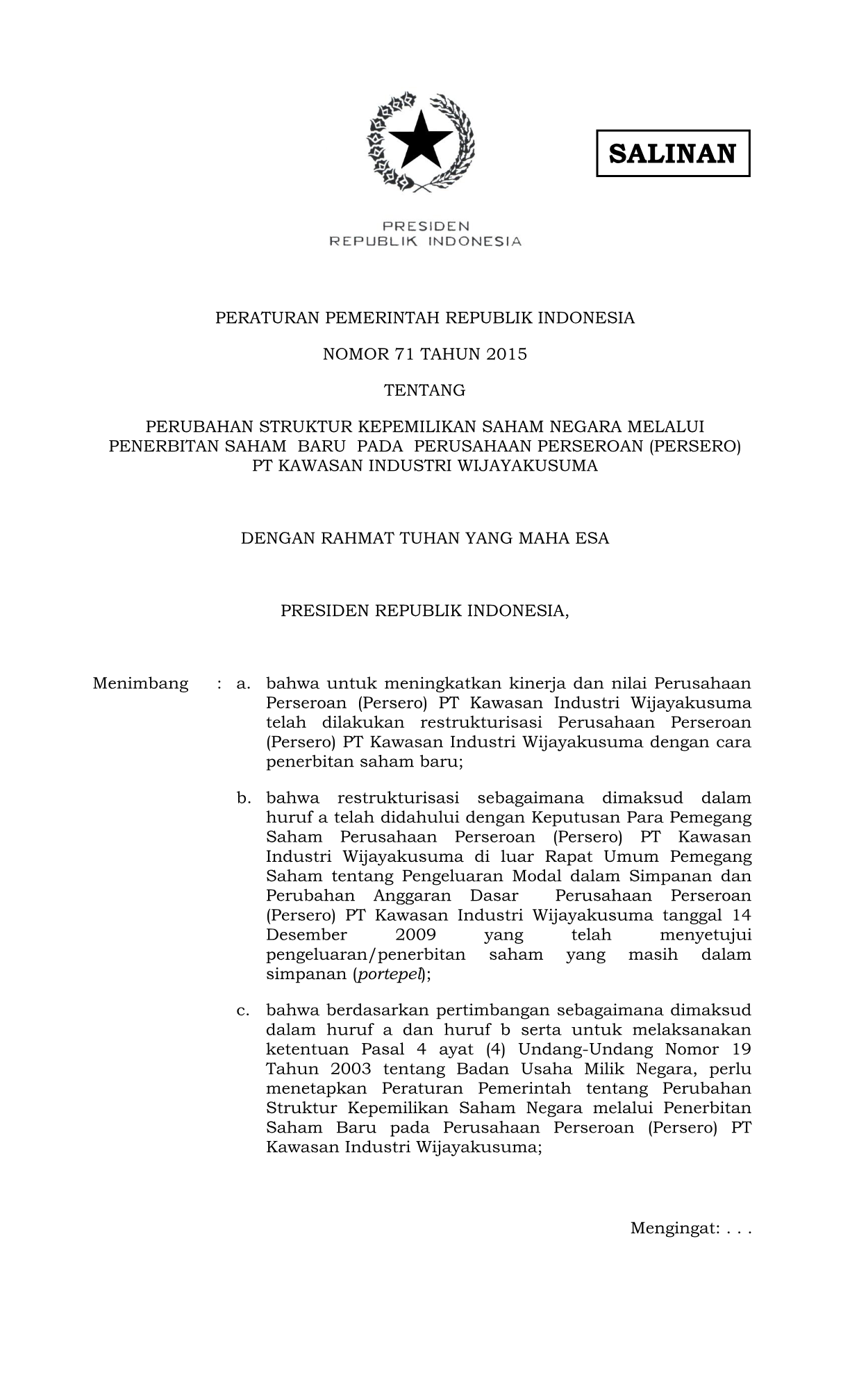 Peraturan Pemerintah Nomor 71 Tahun 2015