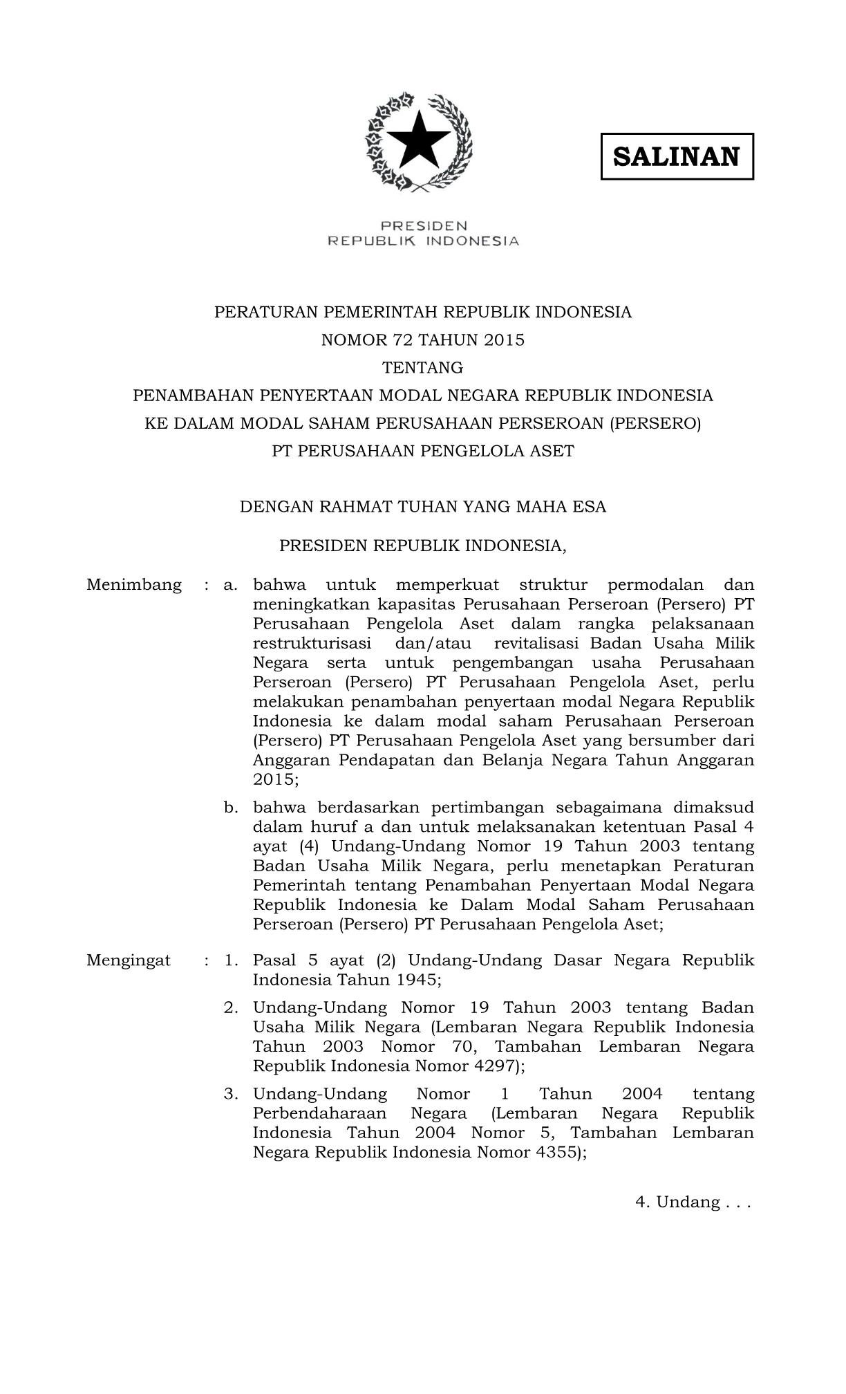 Peraturan Pemerintah Nomor 72 Tahun 2015