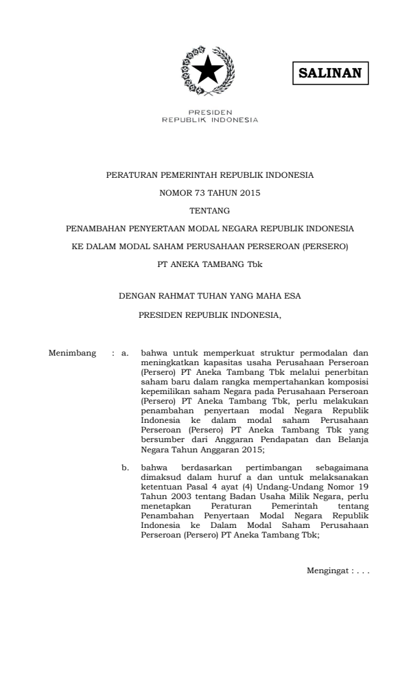 Peraturan Pemerintah Nomor 73 Tahun 2015