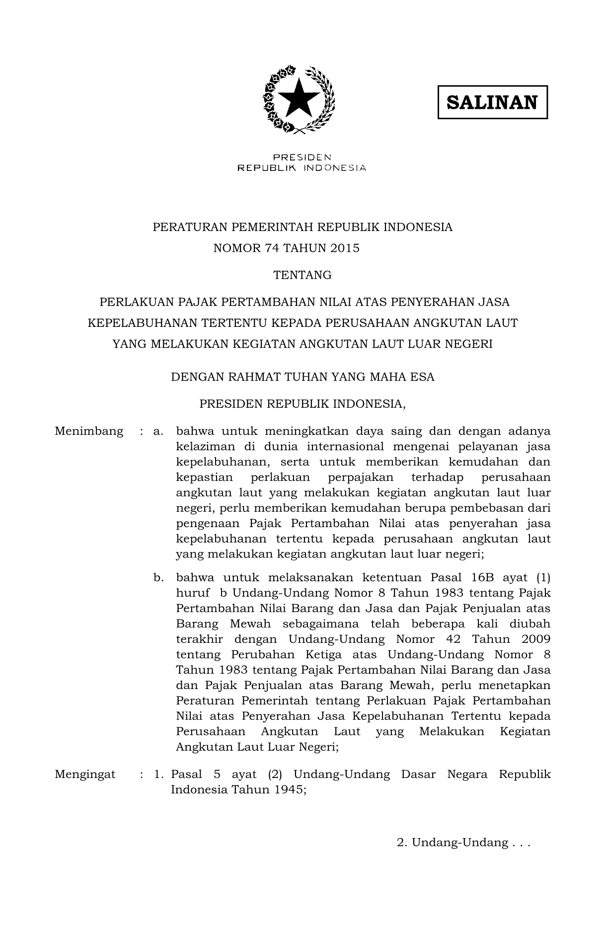 Peraturan Pemerintah Nomor 74 Tahun 2015