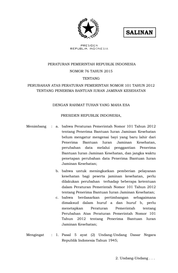 Peraturan Pemerintah Nomor 76 Tahun 2015