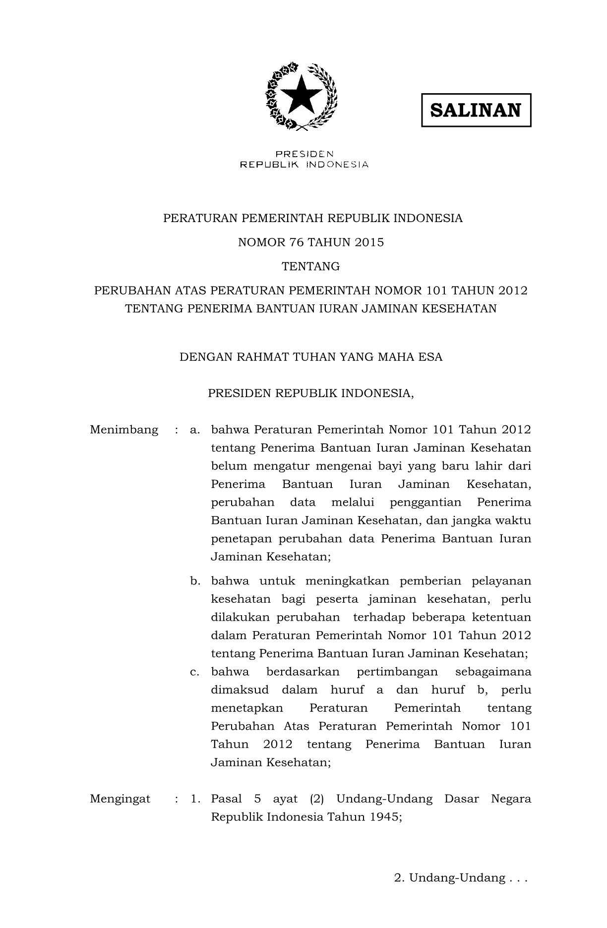 Peraturan Pemerintah Nomor 76 Tahun 2015
