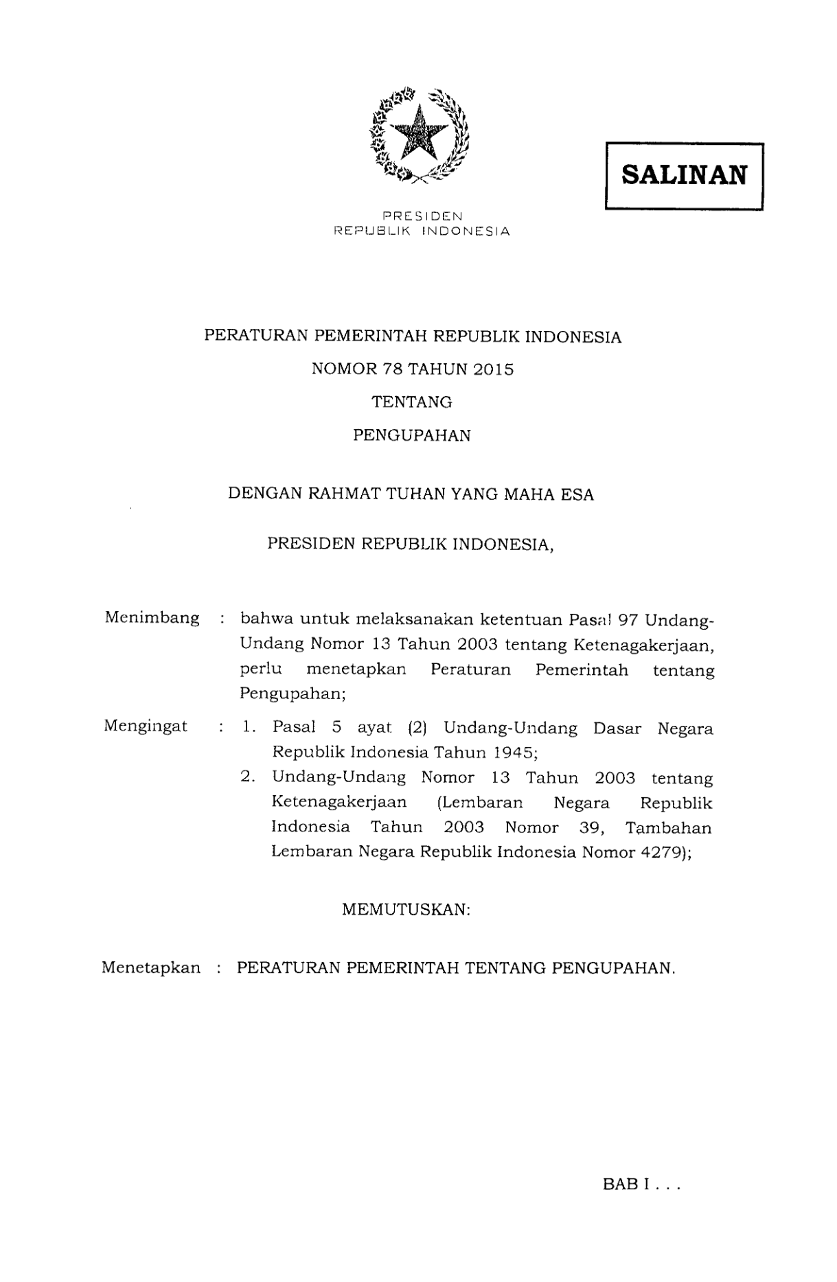 Peraturan Pemerintah Nomor 78 Tahun 2015