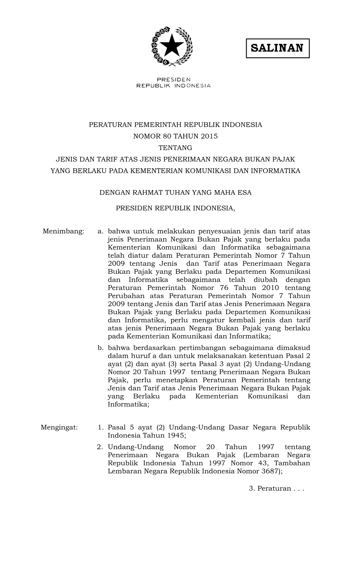 Peraturan Pemerintah Nomor 80 Tahun 2015