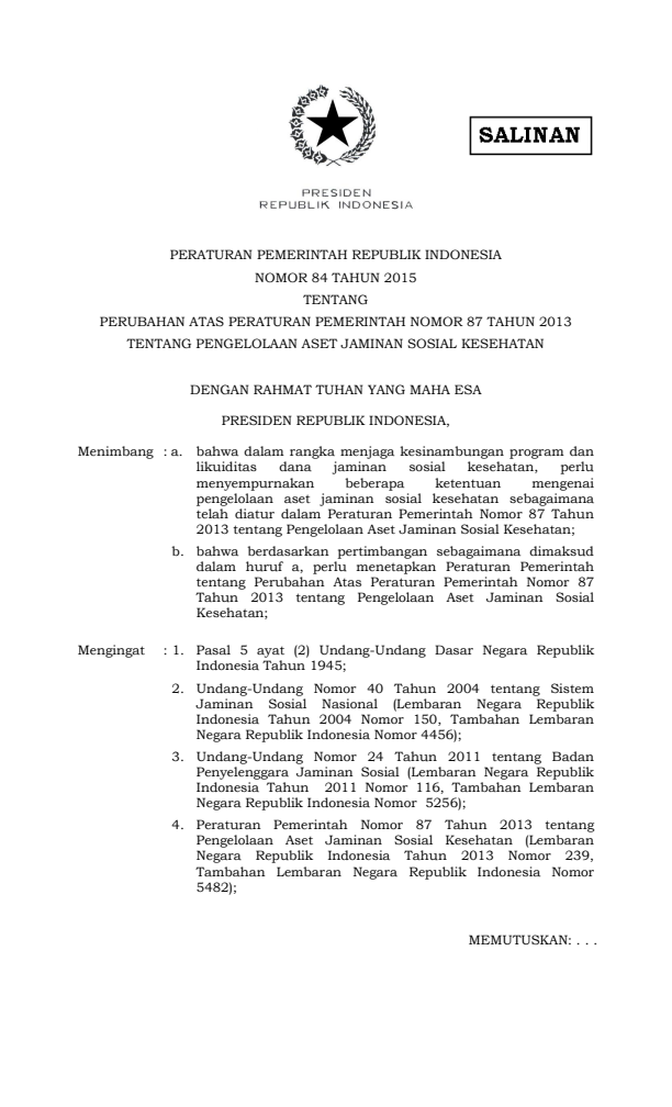 Peraturan Pemerintah Nomor 84 Tahun 2015