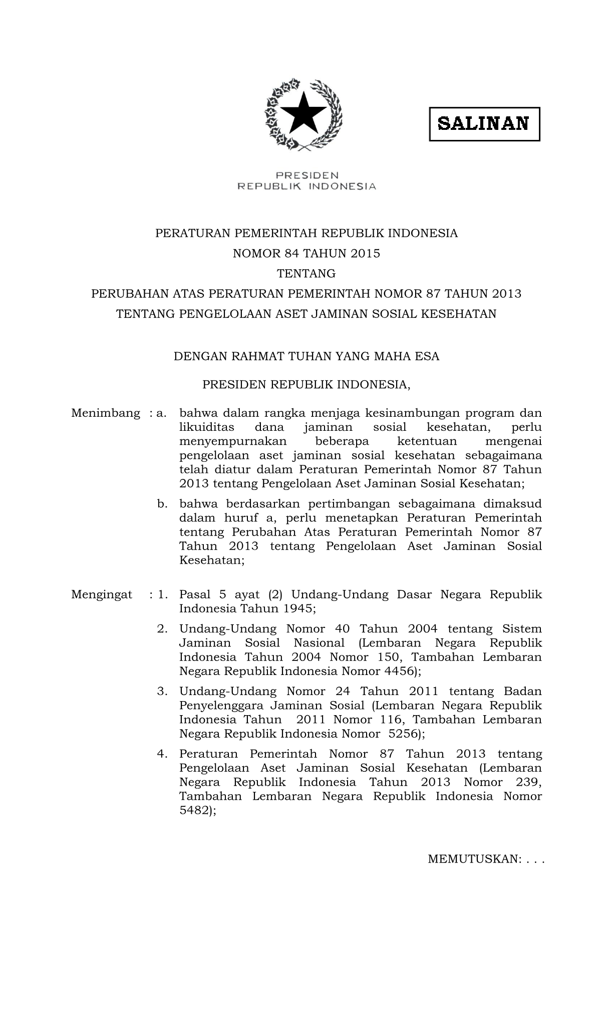 Peraturan Pemerintah Nomor 84 Tahun 2015