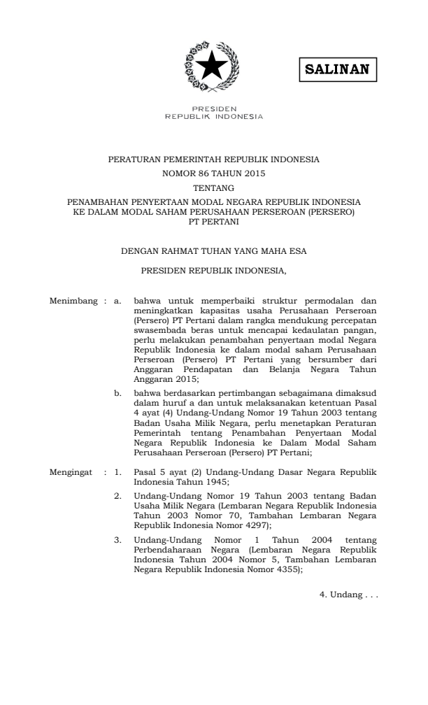 Peraturan Pemerintah Nomor 86 Tahun 2015