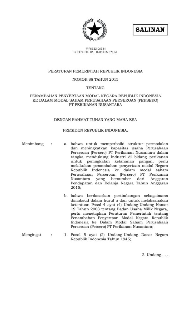 Peraturan Pemerintah Nomor 88 Tahun 2015