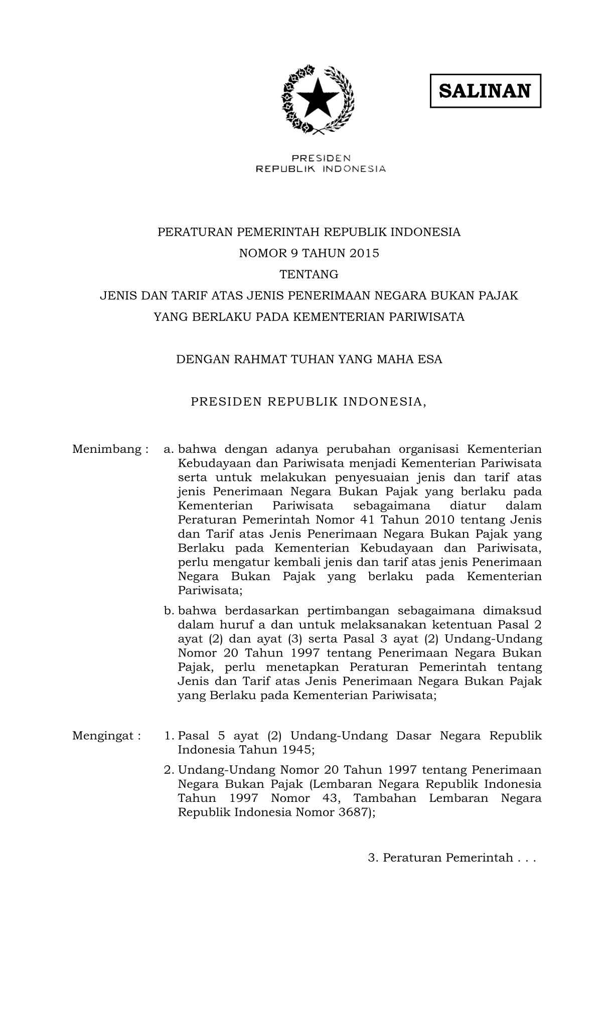 Peraturan Pemerintah Nomor 9 Tahun 2015